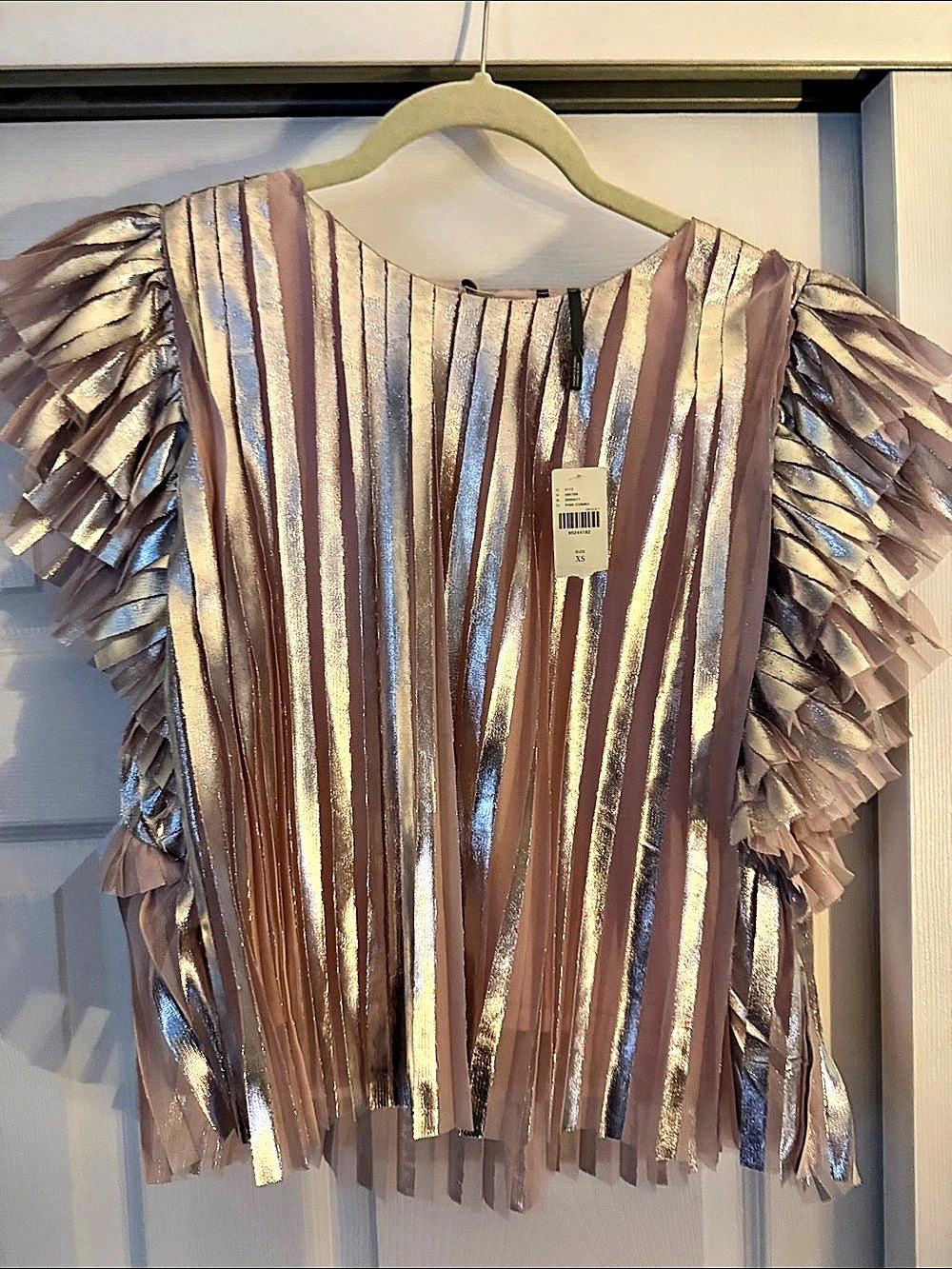 ASOS Metallic Fringe Sleeve Top Pink Silver Size 6 NWT